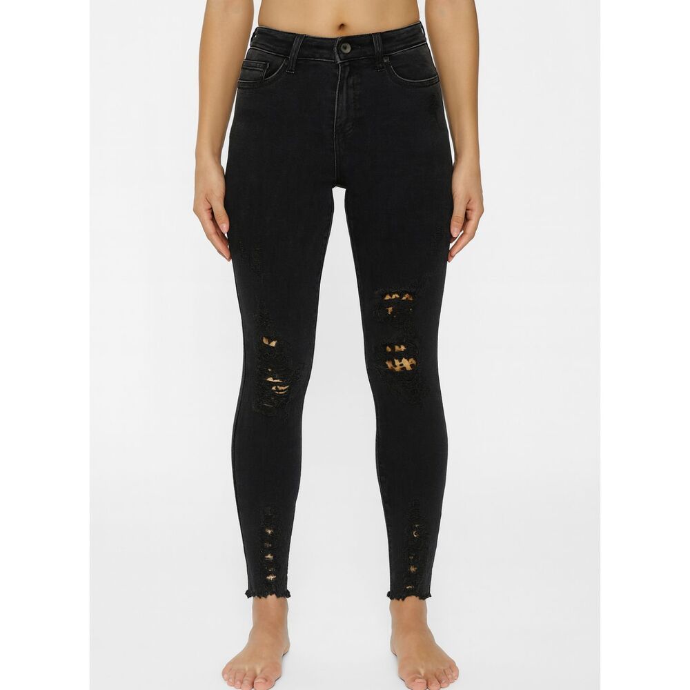 Indie Sleaze JUDY BLUE Black Leopard Distressed Skinny Jeans 27 Mob Wife Grunge